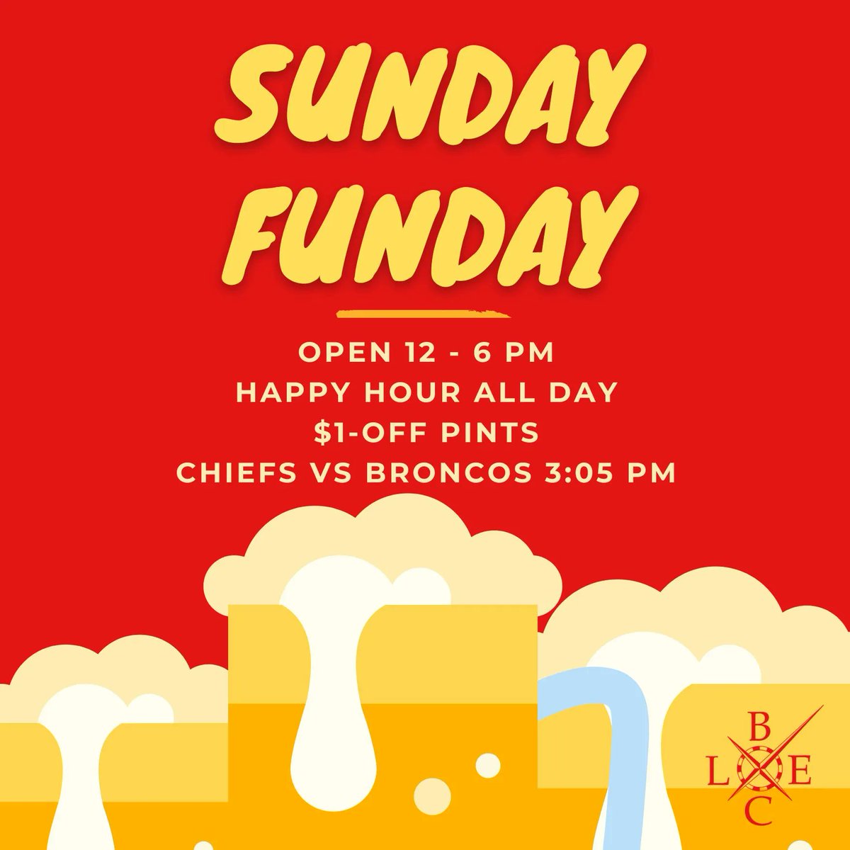 Chiefs vs Broncos starts at 3:05 pm - we will have the game on the projector and happy hour ALL DAY! 

Open 12-6 pm! See you soon!

#sundayfunday #letsgochiefs #drinklocal #jocobeer #happyhour