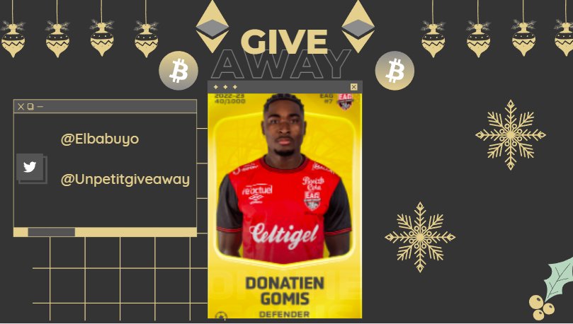 Unpetitgiveaway's tweet photo. 🎁#Giveaway Spécial Noël🎅 Remise en jeu !

Donatien Gomis à gagner 🇫🇷

Pour jouer :

✅RT
✅Follow @Elbabuyo &amp; @Unpetitgiveaway

⏳24h 12/12 20h⌛️

#Concours #Crypto #NFTGiveaway #ETH #SorareGiveaway #Sorare #Giveaways #Soraregiveaway https://t.co/7WejKJGOhQ