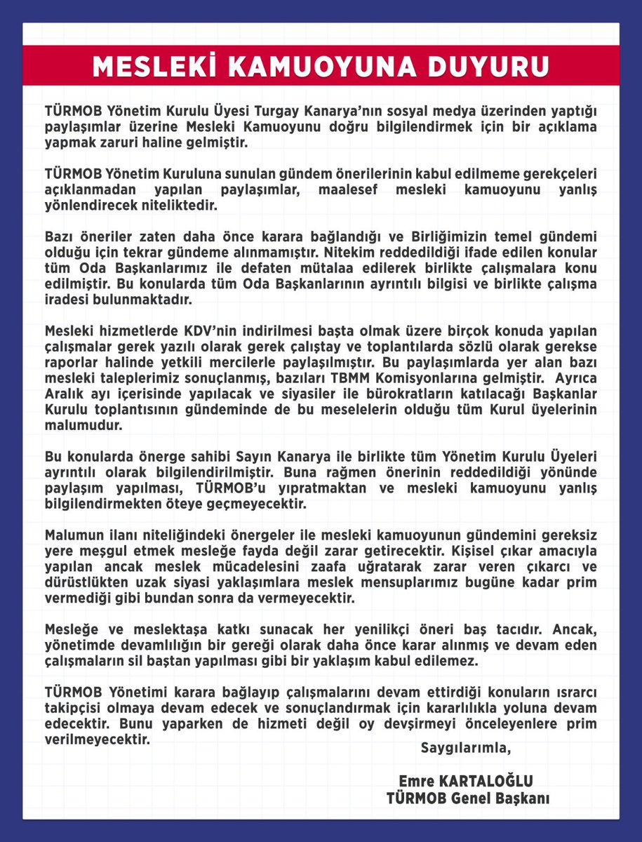 KartalogluEmre's tweet photo. Yönetmek sorumluluk gerektirir.

Mesleki kazanımlarımız için tüm meslek camiası birlikte çalışmaya devam edeceğiz.

Bu tür zorunlu açıklamaların bir daha doğmaması dileğiyle…

#türmob https://t.co/z5EkNwqnAw