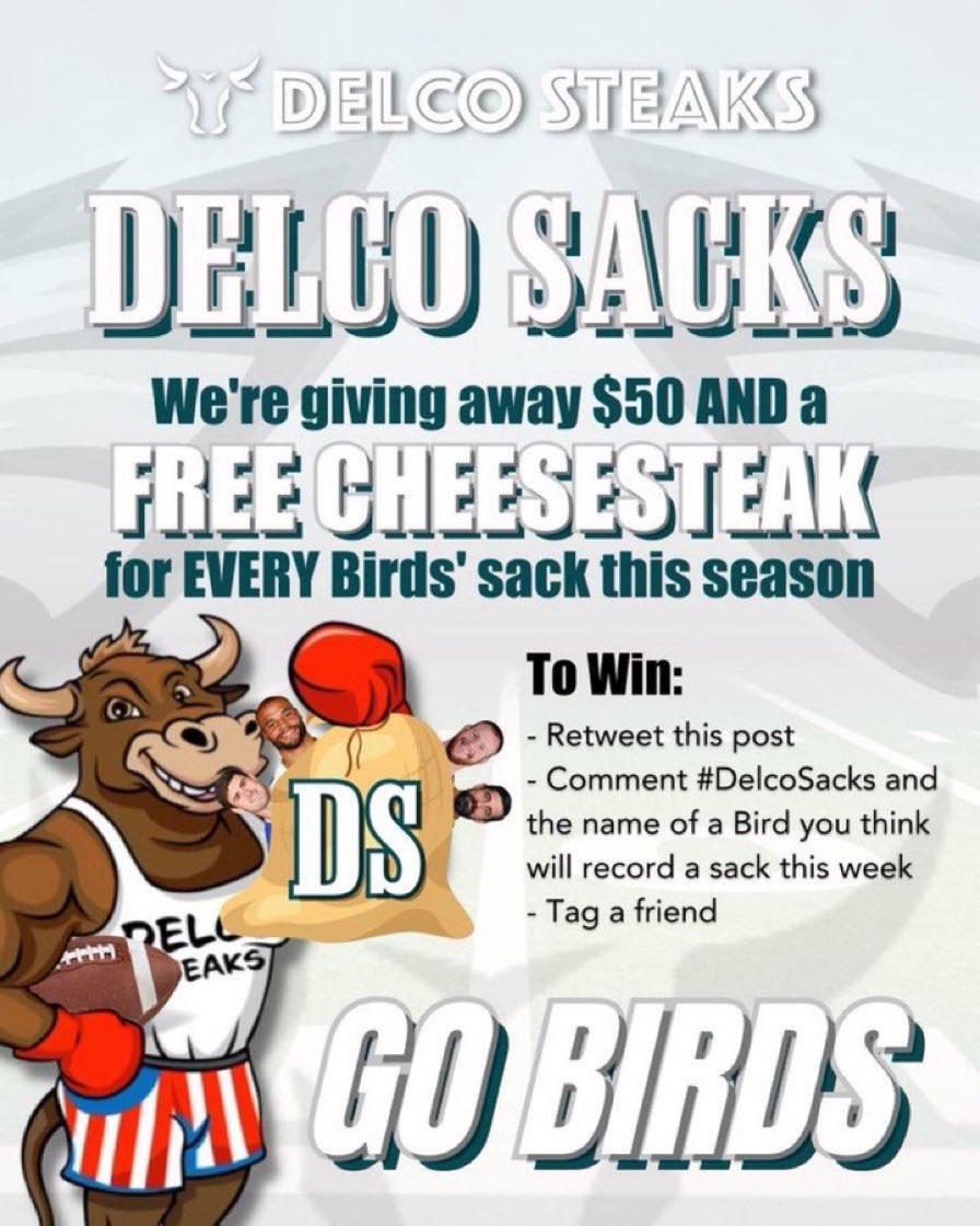 delco_steaks's tweet photo. DELCO SACKS IS BACK!!

For every sack the Eagles make, we’re giving someone a $50 gift card AND a free 8 inch cheesesteak 

To enter:
- Retweet this post
- Reply #DelcoSacks and an Eagles player you think will record a sack against the loser Giants
- Follow @delcosteaks https://t.co/N13mAdosa7