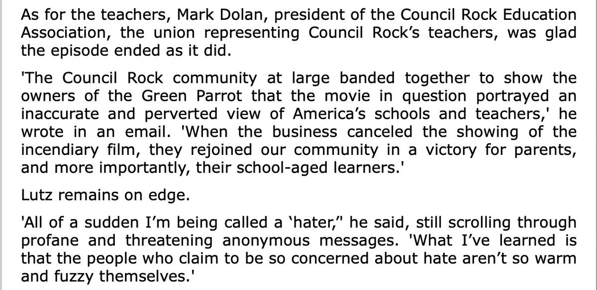 1/2 #BucksCounty Green Parrot owner baffled Council Rock teachers opposed him screening a "documentary" (which presents like John Birch Society-QAnon production) claiming teachers teach students mouth to anus sex &amp; other insanity. He canceled. <a href="/jdmullane/">jd mullane</a> suggests he's the victim.
