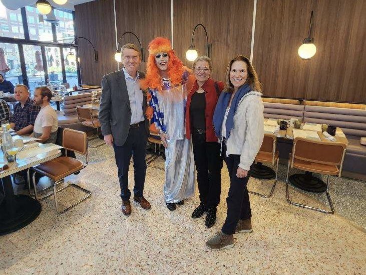 SenatorBennet's tweet photo. Susan and I stopped by Laura Menorah's "Saturday Serve" Drag Brunch to benefit the Club Q community.

Let's continue to uplift, celebrate, and stand up with our LGBTQ+ community. https://t.co/zDO5rCkSUh
