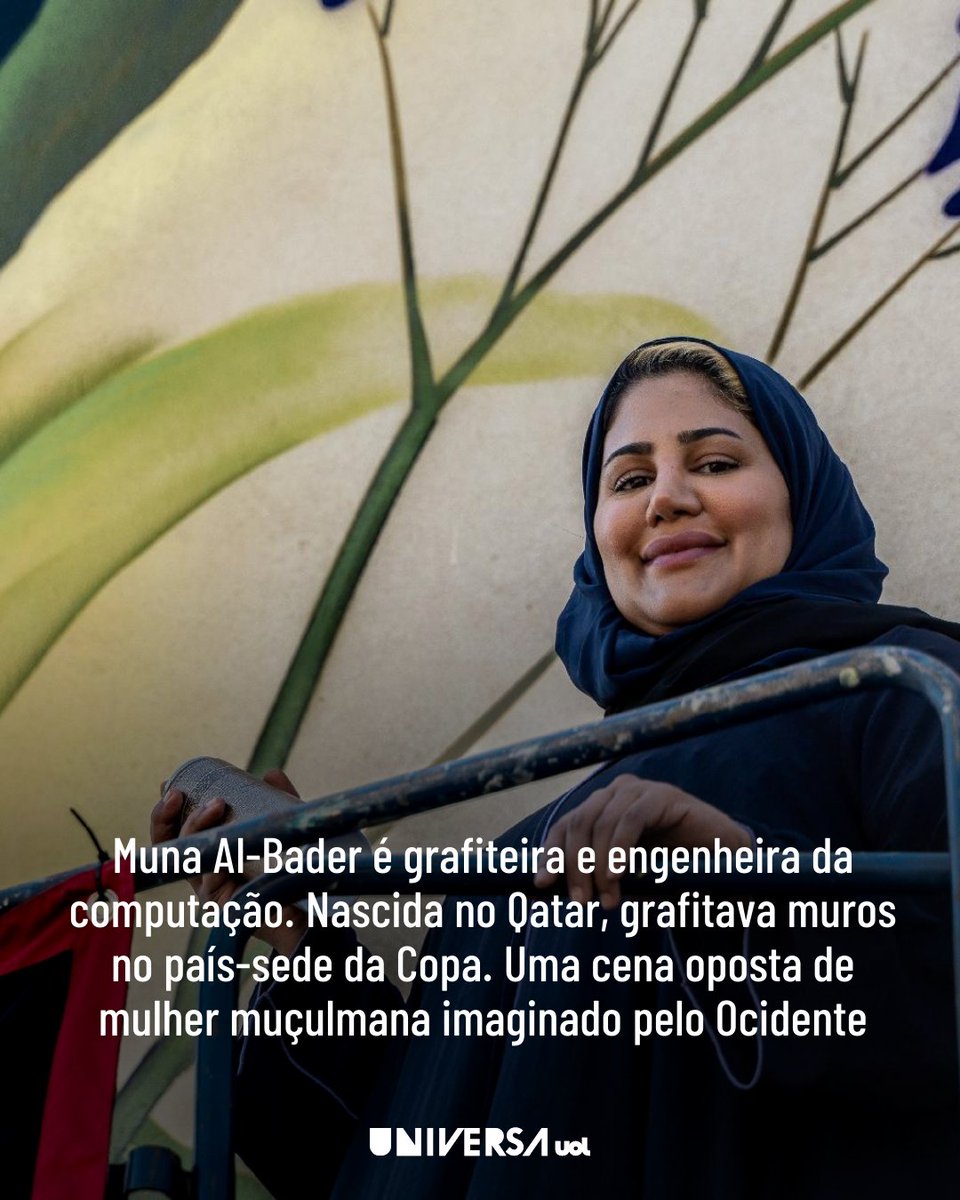 ↪️ Muna Al-Bader é grafiteira e engenheira da computação. Nascida no Qatar, grafitava muros no país-sede da Copa. Uma cena oposta de mulher muçulmana imaginado pelo Ocidente
