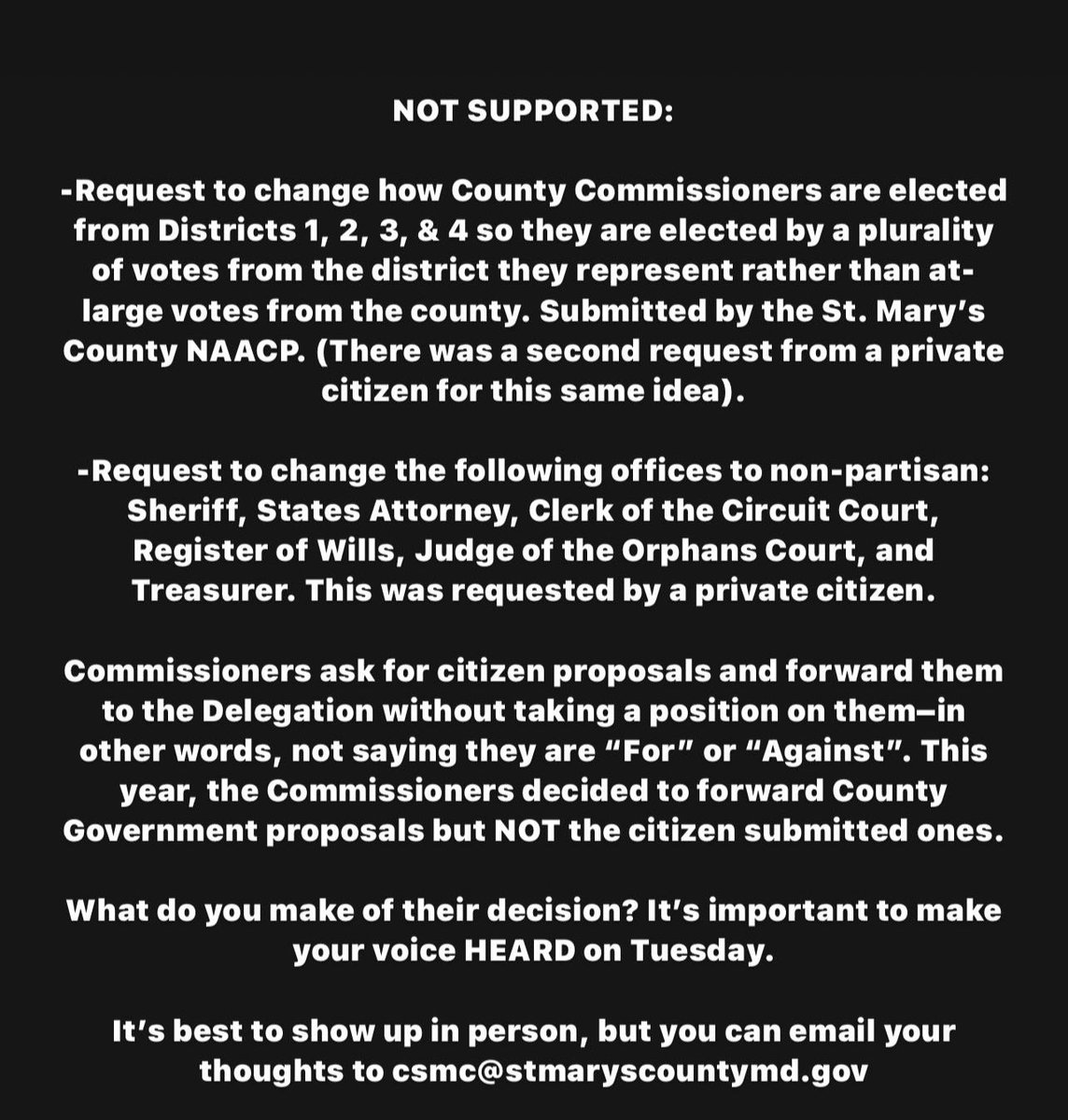 Upcoming public forum for feedback on legislative proposals. What do you think about what was supported vs not supported? #StMarysCounty #MDpolitics #LocalGovt #SOMD