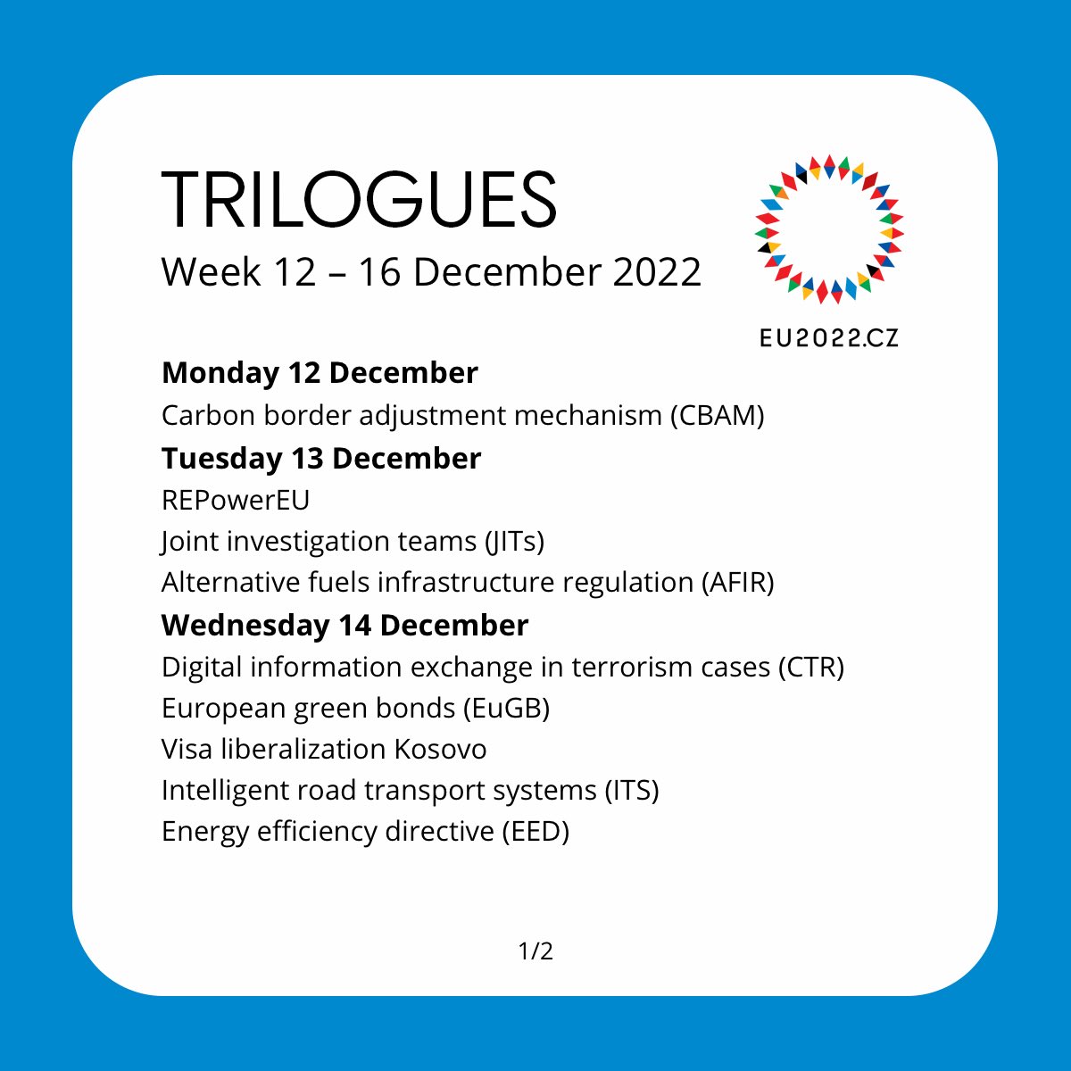EU2022_CZ's tweet photo. #TRILOGUE | 📆 Next week's trilogues agenda here ⬇️ #EU2022CZ
–––––
#TRIALOG | 📆 Seznam trialogů na příští týden ⬇️ #CZPRES https://t.co/qUunKhFflK