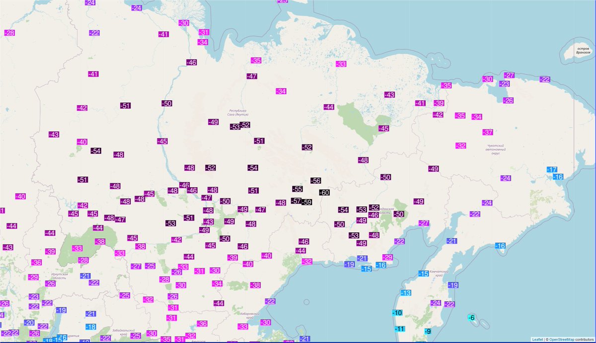 Le froid extrême s'est encore intensifié dans l'est de la Sibérie avec parfois jusqu'à près de -60°C (-59.9°C à Delyankir, -59.2°C à Ojmjakon) et de nombreuses valeurs sous les -50°C. Carte Ogimet. 