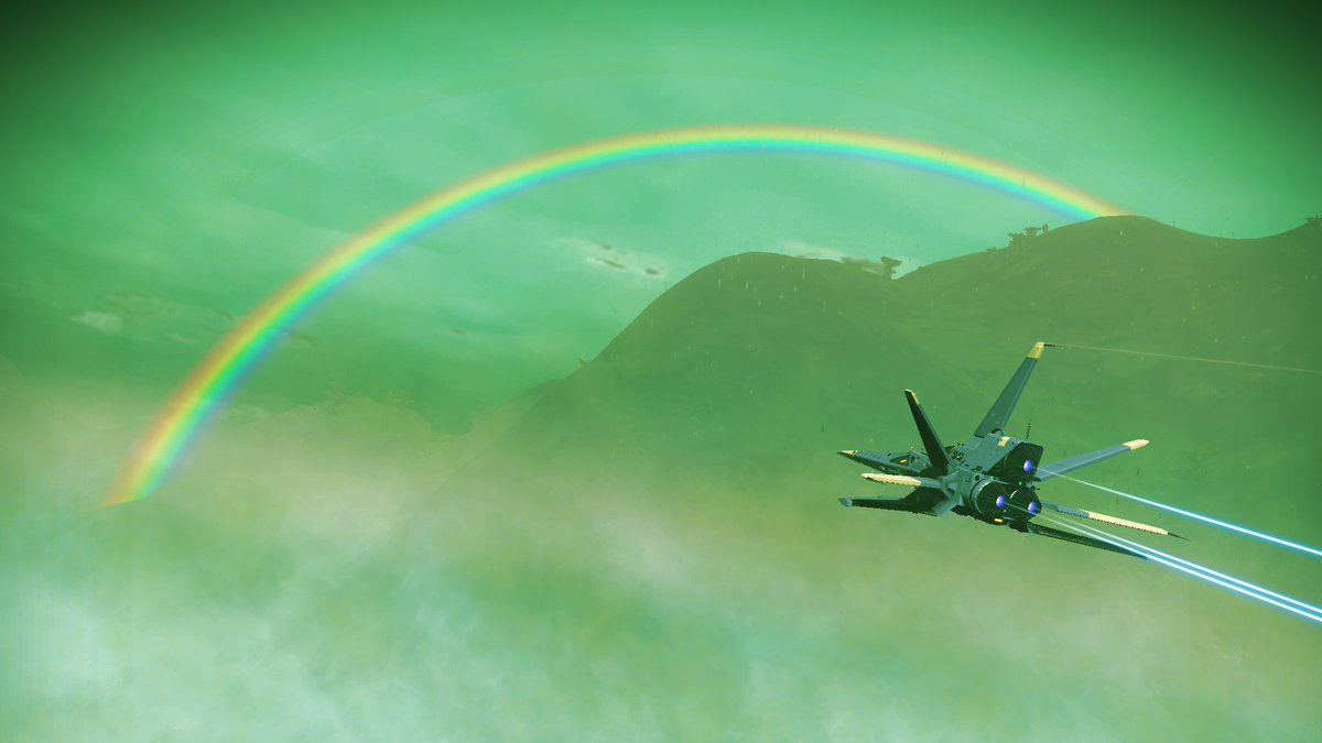 GalacticTrvllrs's tweet photo. Amazing lightning and rain storm on planet filled with rainbows.  #Amazing @NoMansSky https://t.co/lZ8Py0M7Lx