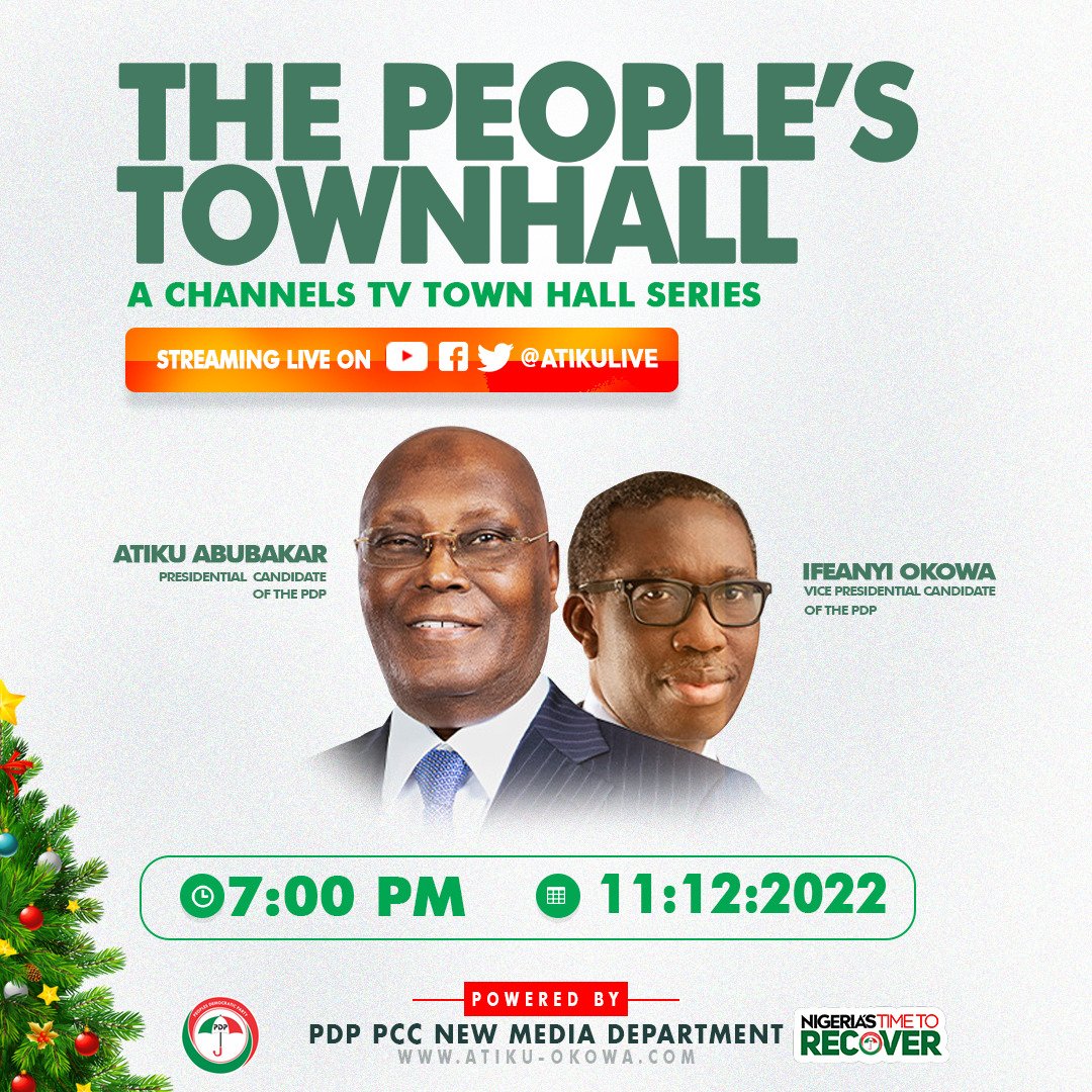 babaidris090's tweet photo. By 7:00pm today, H.E @atiku Abubakar and his running mate H.E Ifeanyi @IAOkowa would be LIVE on @channelstv for The people's Townhall..
#Okowalition
#AtikuOkowa2023
#AtikuOrganizingForAction
#Okowa
#Delta2022 https://t.co/vEtk47LDCr