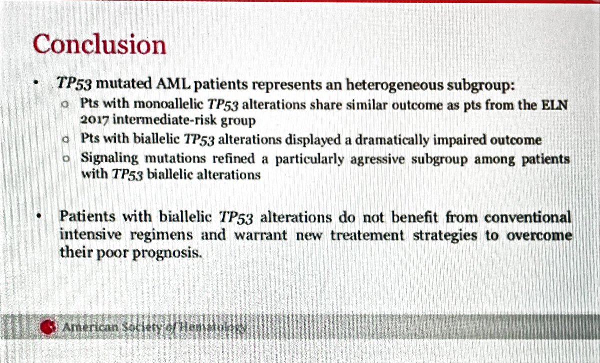 Prognostic Impact of Monoallelic vs Biallelic TP53 in AML. Presented by <a href="/LaureneFenwarth/">Fenwarth Laurène</a> . Biallelic TP53=2 mutations or 1 + either TP53 locus deletion or TP53 CN-LOH. Biallelic had worst 2yrOS(4 vs43%). Mono=similar OS as ELN int risk. 
ativsoftware.com/appinfo.php?pa…
#ASH22