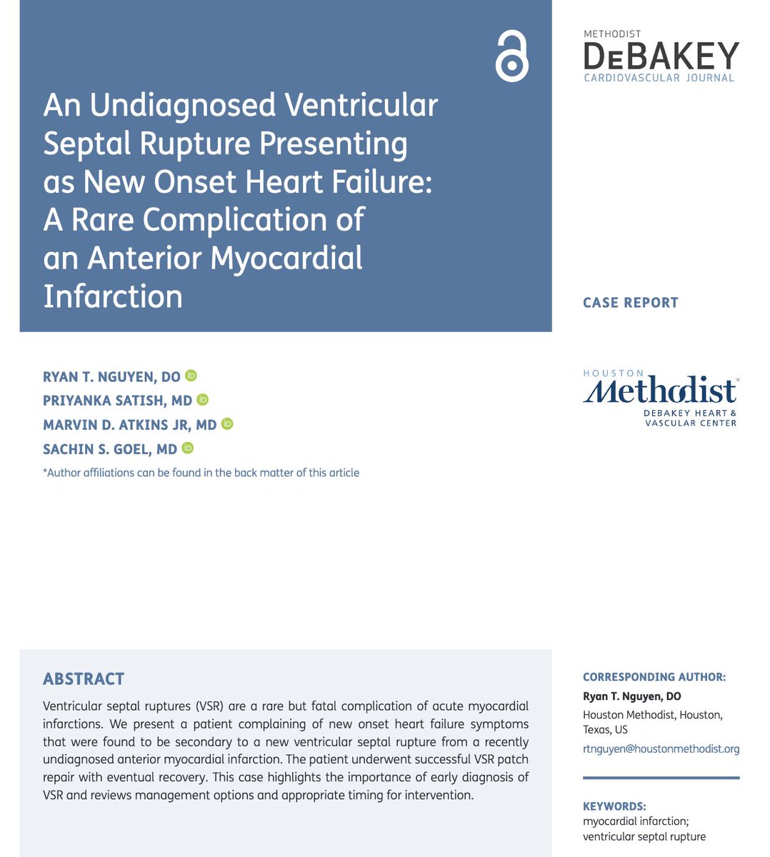 Check out our recently published case report in #DeBakeyCVJournal about a patient w/ recent MI presenting w/ new HF symptoms found to be 2/2 to VSR! Thank you <a href="/SachinGoelMD/">Sachin Goel</a>, <a href="/PSatishMD/">Priyanka Satish</a>, and Dr. Atkins for helping put this together! Link to full article: bit.ly/3BskTMZ