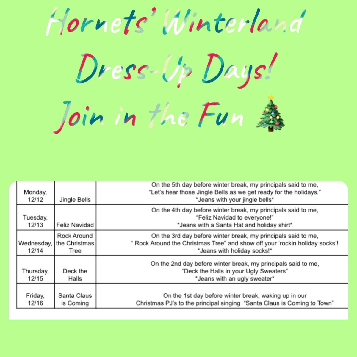 StucoEc's tweet photo. ๐
๐ปJoin in the fun for the last week of dress ups days for the ๐Hornetsโ 12 Days of Winter โ๏ธWonderland ๐~ #HornetChristmas #echshornets #wearehornetfam #hornetpride #WeAreEC #ecisdtweets https://t.co/2y3WfSXZBY