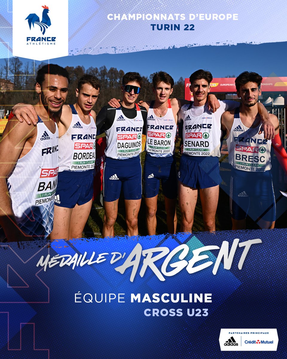 🥈 Vice-champions d'Europe !

🇫🇷 L'équipe de France masculine U23 (Bresc 3e, Daguinos 4e, Senard 7e, Le Baron 17e, Bordeau 27e, Banini 42e) médaillée d'argent aux Championnats d'Europe de Cross-country à Turin !

#Piemonte2022