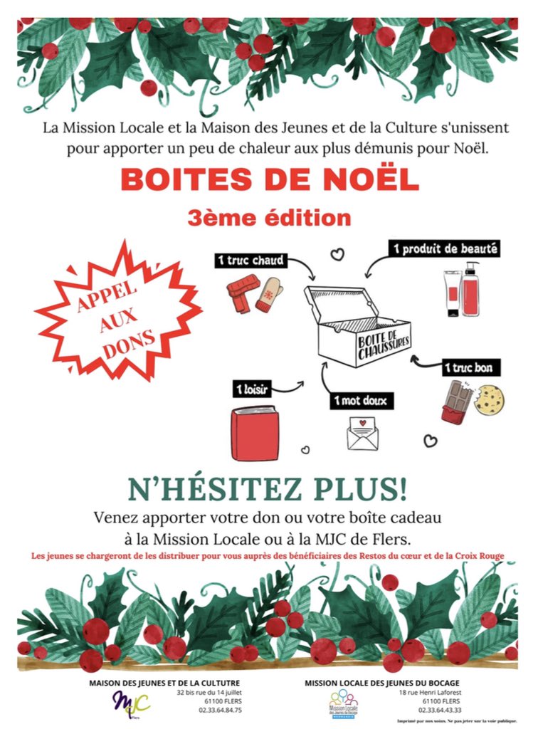 N’oubliez pas d’apporter vos 🎅🏽boites de Noël🎅🏽pour jeudi 15 décembre (complètes 🍫ou incomplètes).
Merci à tous pour votre soutien aux plus démunis.