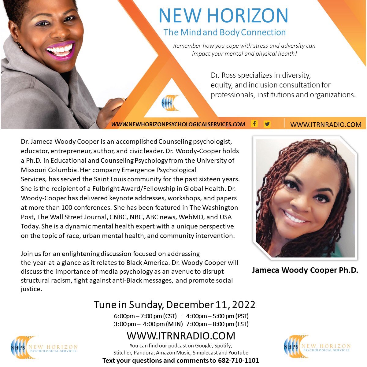 KeishaRossPhD's tweet photo. Can’t wait to interview @drjameca today, 12/11/22, 6pm CT.  Join us for a powerful discussion on, “A Year At A Glance: Headlines, Events, and Its Impact on Black America”. Listen live on https://t.co/qJldKPmQxC. #MentalHealthAwareness #MentalHealthMatters #selfcare #empowerment https://t.co/gSuCFZ9rCN