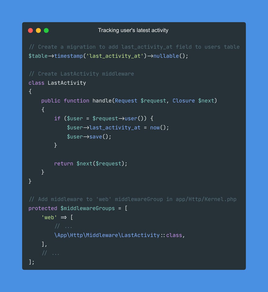 SerjStarovoitov's tweet image. Tracking user&apos;s latest activity in @laravelphp 

#laravel #laraveltricks #laraveltip #laraveltips #php