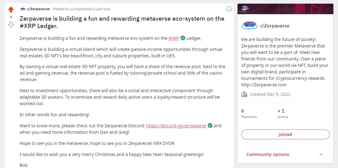 Just wrote my first Reddit article about <a href="/Zerpaverse/">Zerpaverse XRPL</a> 
Interesting #Metaverse project! NFA DYOR!

Have a great Sunday!

@MrUseCase <a href="/CryptoSunriseX/">🔺CʀʏᴘᴛᴏSᴜɴʀɪsᴇ🇺🇸</a> @ZerpaverseGreg <a href="/ZerpaverseDan/">ZerpaverseDan</a> 

reddit.com/r/Zerpaverse/c…
