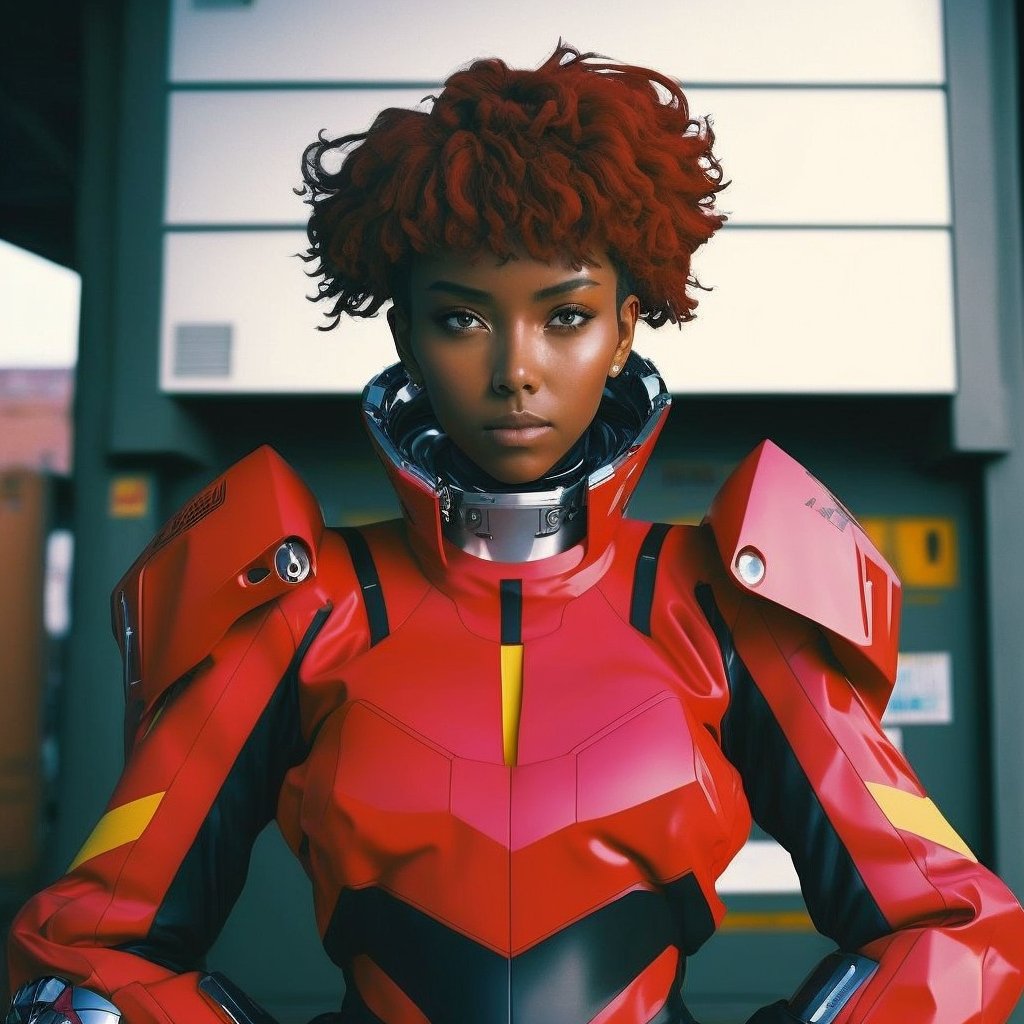DevMoore's tweet photo. ai generated image of a black cyberpunk Asuka from Neon Genesis Evangelion. https://t.co/R3a7TDKS96