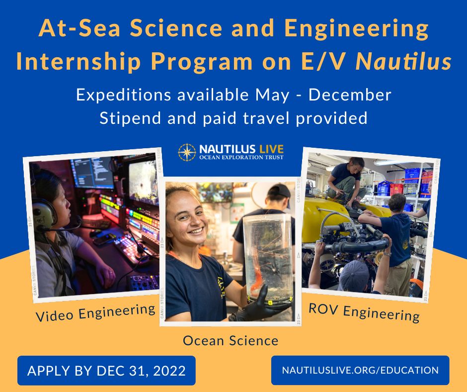EVNautilus's tweet image. #ApplyNow Ocean Exploration Trust is seeking 2023 #VideoEngineering, #OceanScience and #ROVEngineering interns. US-based #communitycollege, #undergrad, and recent #graduates gain paid, mentored, hands-on experience at sea!  Apply by Dec 31: nautiluslive.org/join/internshi…