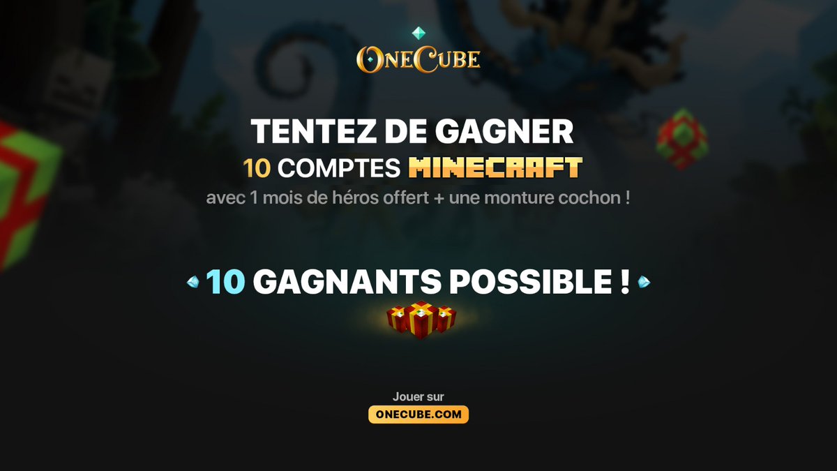 OneCubeFR's tweet image. 🎉 CONCOURS 

Tentez de gagner 10 comptes #Minecraft avec un mois de Héros et une monture cochon !  ✨

Pour participer :
- Follow @OneCubeFR + RT
- Rejoindre notre discord (discord.gg/onecube)

Bonne chance 🔥