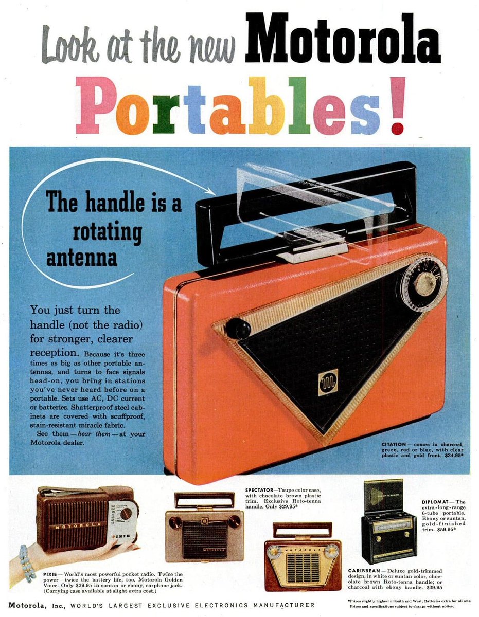 museumsound's tweet photo. Advert for a Motorola portable AM radio with rotating antenna handle (1955)

#radio #PortableSound #AMradio #motorola #handle #rotate #rotating #CultureOfSound #SoundBeyondMusic #1950sDesign https://t.co/CpRLBLOy4J