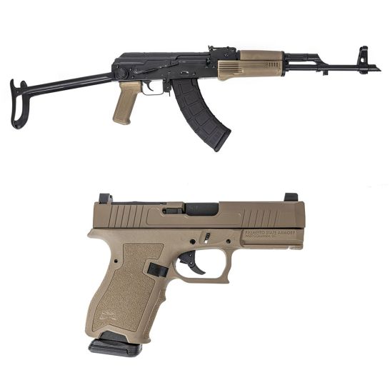 BestGunDeals's tweet photo. PSA has their GF3 AK with nitrided barrel, hammer forged bolt/carrier/trunnion, enhanced safety, underfolding stock, *plus* a FDE Dagger G19 clone with RMR optics cut slide and Ameriglo lower 1/3 sights for $799 shipped here: https://t.co/f01HxRMtX0 #glock #ak47 #gundeal https://t.co/TgfxSyJ4t3