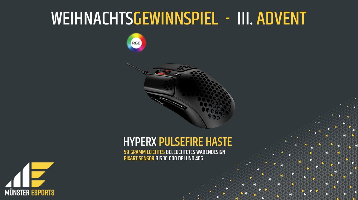 Zum 3. Advent geht unser #Weihnachtsgewinnspiel wieder an den Start!🤩

Diese Woche ist der Preis eine wundervolle Gaming-Maus von HyperX, die nicht nur gut aussieht, sondern auch Einiges auf dem Kasten hat😗

Zur Teilnahme geht es hier👇
gleam.io/ukJUJ/munster-…