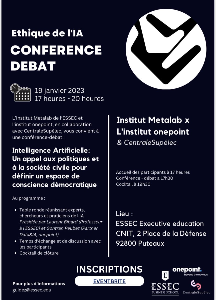 À ne pas manquer ! 🔥 

Le 19 janvier prochain, éthique et IA seront à l’honneur sur le campus #CNIT de l’<a href="/essec/">ESSEC Business School</a> avec <a href="/onepoint/">Onepoint</a> ! 

<a href="/MurielTouaty/">Muriel Touaty</a>