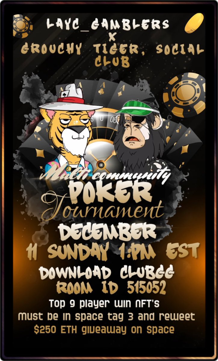 ♣️ Multi #Community #Poker #Tournament ♣️

Hosted by: @LaycGamblers

🗓 Sun Dec 11th
⏰ Event kicks off <a href="/1pm/">໊</a> EST

Download ClubGG in AppStore
Club ID: 515092

🎉 Table is Open for Registration

🚨10+ #NFTs 🎁 250$ #ETH giveaways💰

discord.gg/HzyNe3ngFe

x.com/i/spaces/1RDGl…
