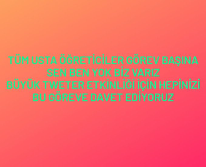 UstaSözlşme Kadroİstyor
Usta Öğreticiler Bu ülkenin 7 den 70 e Herkese Kucak Açan Çalışanlarıdır.Ama hiçbir hakkımız yoktur .Yıllarını bu mesleğe adayan usta Öğreticilere 12Ay üzerinden sözleşmeli olarak istihdam edilmek istiyoruz.
<a href="/RTErdogan/">Recep Tayyip Erdoğan</a>  <a href="/vedatbilgn/">Vedat Bilgin</a> <a href="/csgbakanligi/">T.C. Çalışma ve Sosyal Güvenlik Bakanlığı</a> <a href="/tcmeb/">Millî Eğitim Bakanlığı</a>