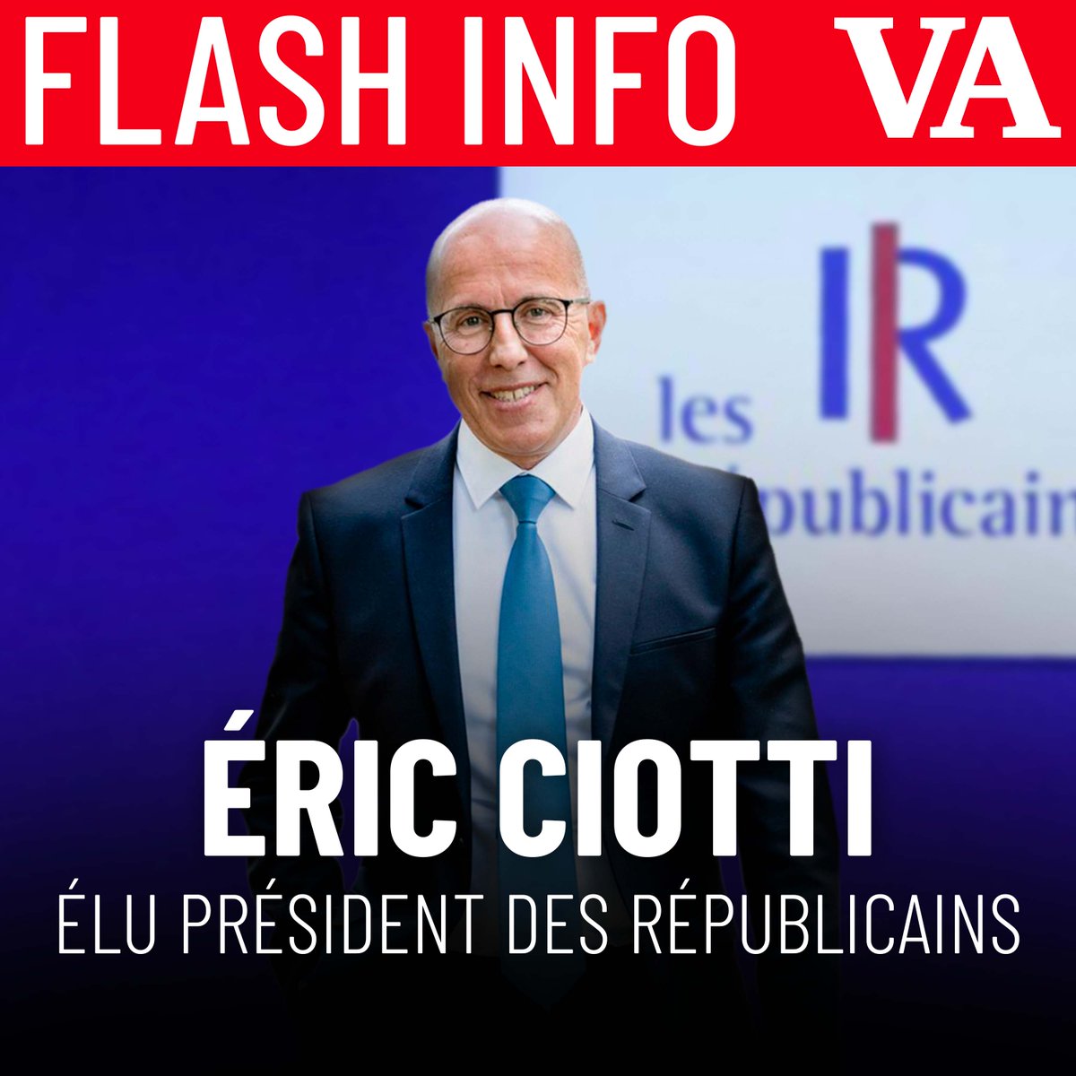 Valeurs's tweet photo. 🔴 Eric Ciotti a été élu président des Républicains.
Le député obtient 53,7% des voix face au sénateur Bruno Retailleau. https://t.co/CPTgTTzuPn
