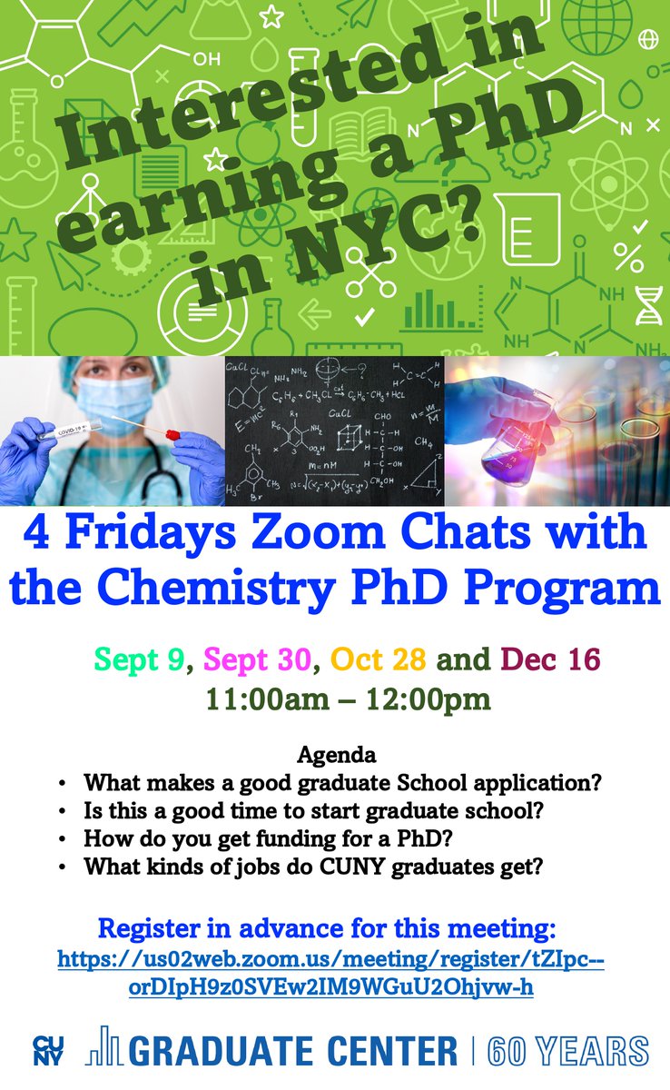 4 Fridays Zoom Chats with the Chemistry PhD Program. Register in advance for the meeting us02web.zoom.us/meeting/regist…

#fridaychat #zoommeeting #cityuniversityofnewyork #cunychemistry #phdprogram #nyc #newyorkcity #newyork #zoomchats