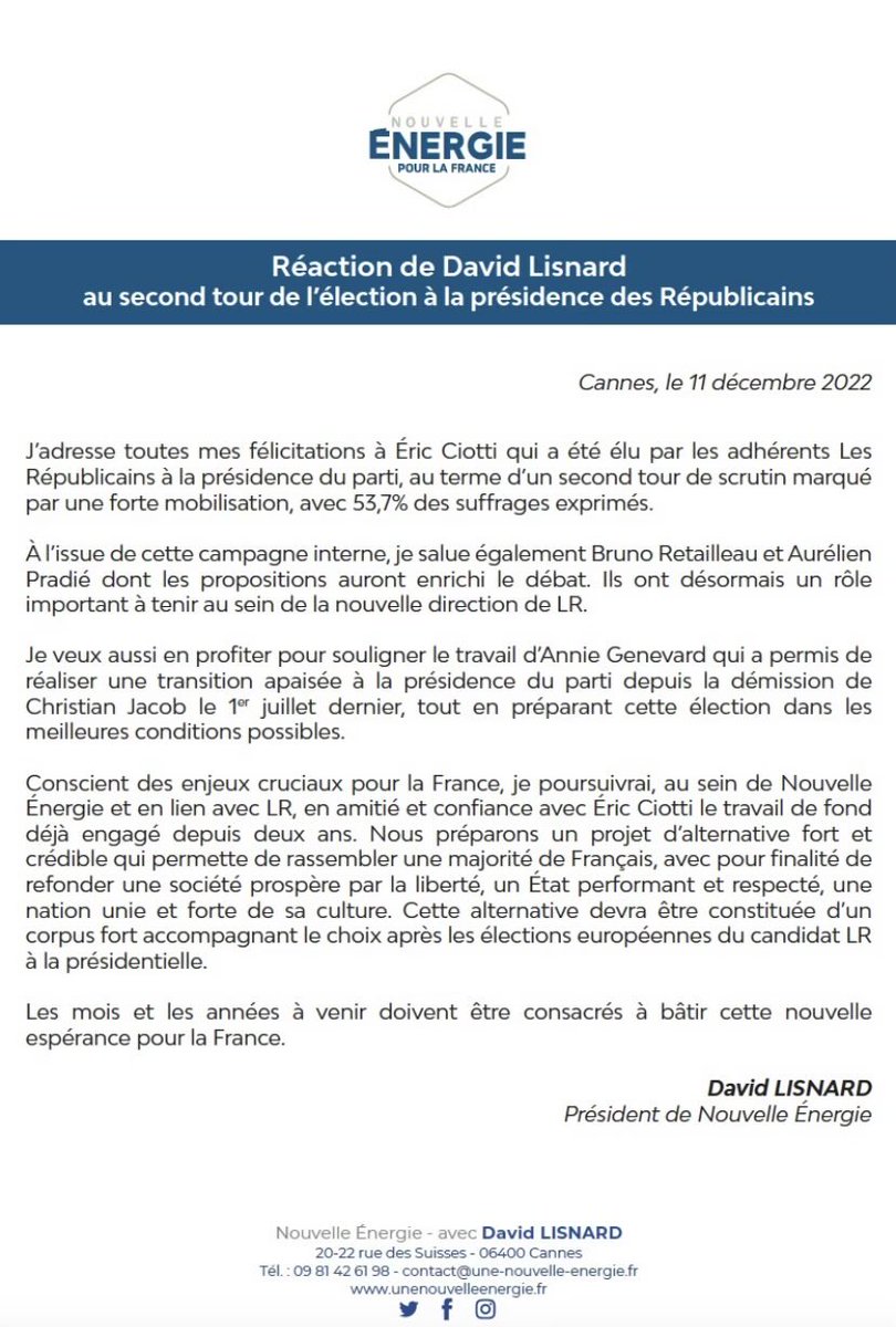 davidlisnard's tweet image. Félicitations à @ECiotti, élu par les adhérents @lesRepublicains à la présidence du parti. Je salue également @BrunoRetailleau et @AurelienPradie dont les propositions auront enrichi le débat, et le travail d’@AnnieGenevard qui a permis de réaliser une transition apaisée.
