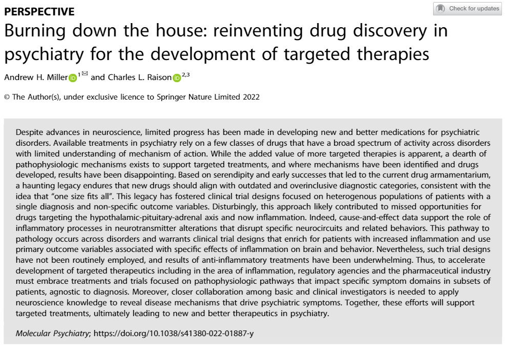This is one of my favorite immunopsychiatry papers I've read in a while. Currently, there is so much the disconnect between specificity of theory (e.g., phenotyping + physiometrics) and how intervention trials are designed. We need to close the gap. 

nature.com/articles/s4138…