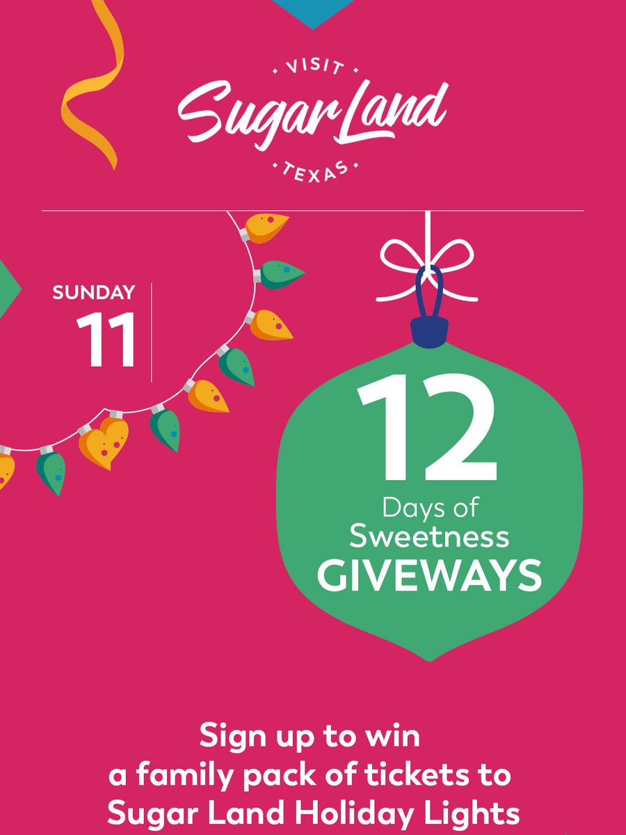 VisitSugarLand's tweet photo. As part of our 12 Days of Sweetness, we are giving a lucky family four tickets to check out the 9th annual @SLHolidayLights! 
Sign up 👉 https://t.co/RRJGSH81Qr 

📸: Instagrammer: @espinosa.caitilin
#VisitSugarLand #Holidays #12DaysofSweetness https://t.co/VALym4SaV4