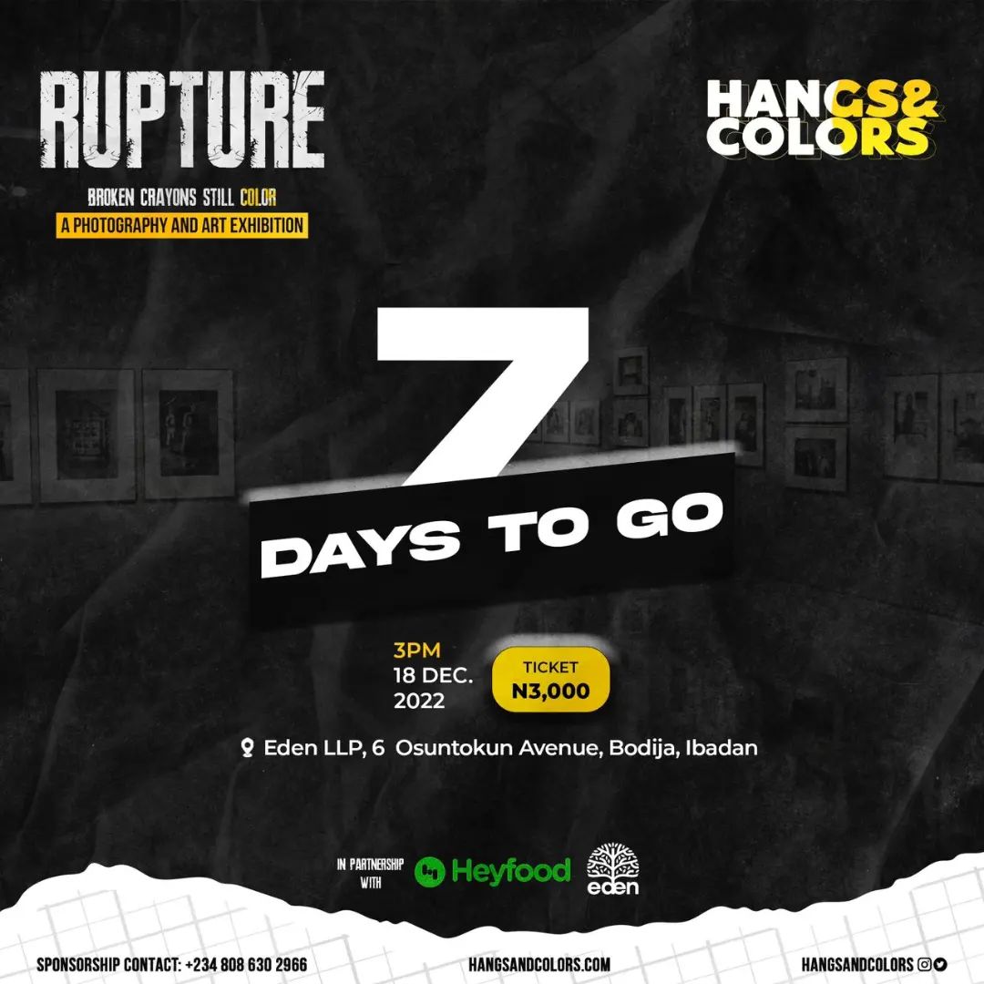 HangsandColors's tweet photo. It’s 7 days to the biggest art exhibition and event in the city of Ibadan.

This year, Hangs&amp;Colors features an AFTER-PARTY for all for the first time ever!

Y'all should get your vibe and dance shoes ready cos we are about to RAVE like never before!!

+ https://t.co/QCtQyQvVVz