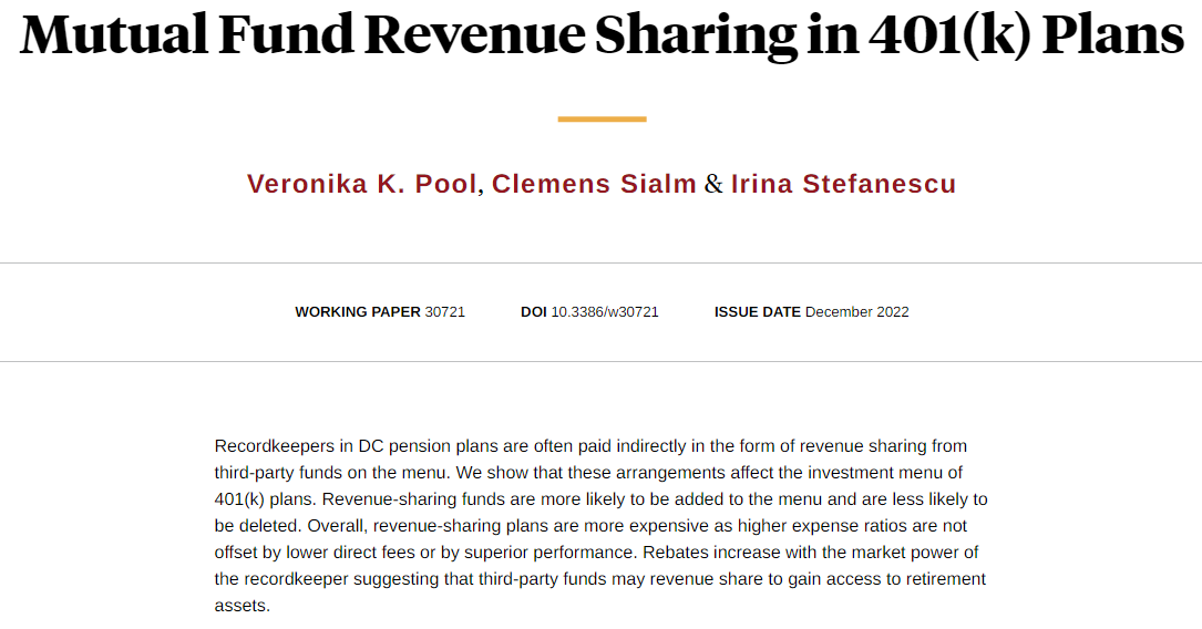 NBER (@nberpubs) on Twitter photo Revenue sharing affects the investment menu of 401(k) plans. Revenue-sharing funds are more expensive and exhibit worse performance, from Veronika K. Pool, <a href="/csialm/">Clemens Sialm</a>, and Irina Stefanescu nber.org/papers/w30721 Revenue sharing affects the investment menu of 401(k) plans. Revenue-sharing funds are more expensive and exhibit worse performance, from Veronika K. Pool, <a href="/csialm/">Clemens Sialm</a>, and Irina Stefanescu nber.org/papers/w30721