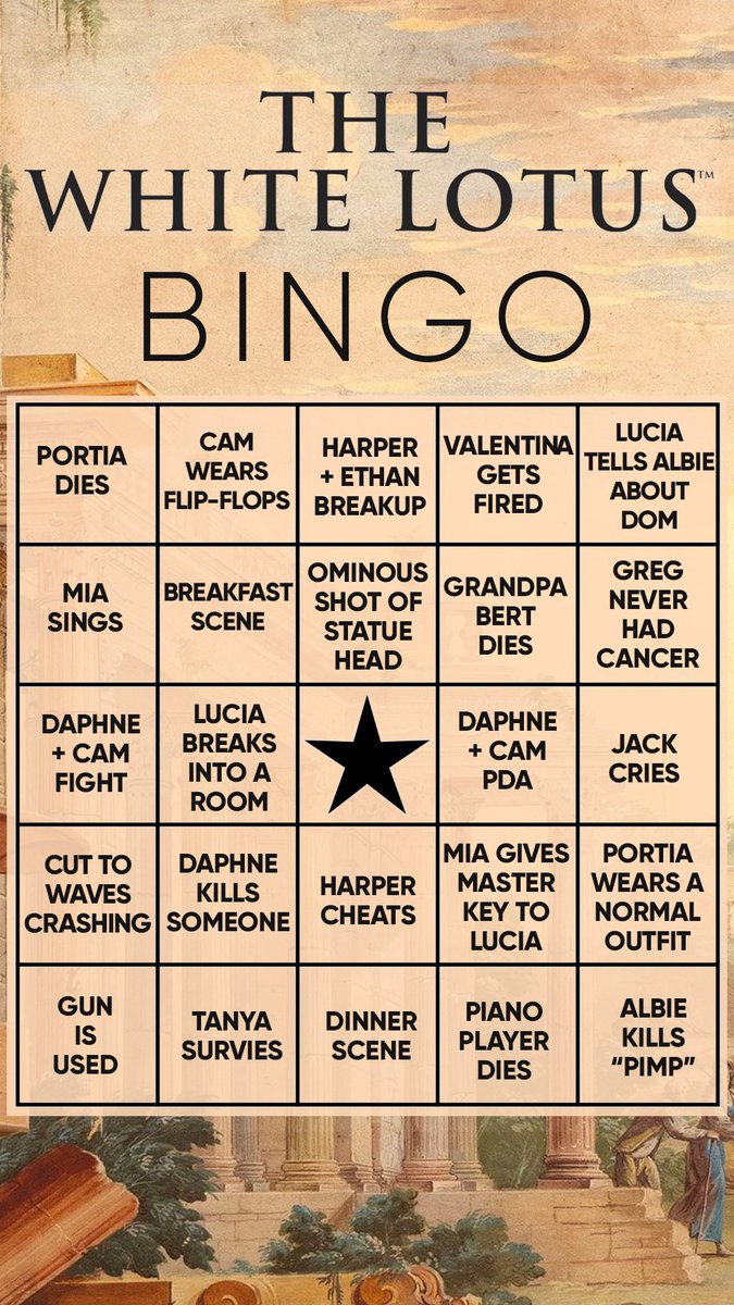 sarhsen's tweet photo. made some bingo cards for the finale. my DM’s are open to your theories 👂 #TheWhiteLotus #TheWhiteLotusHBO https://t.co/hcruZdbPHx