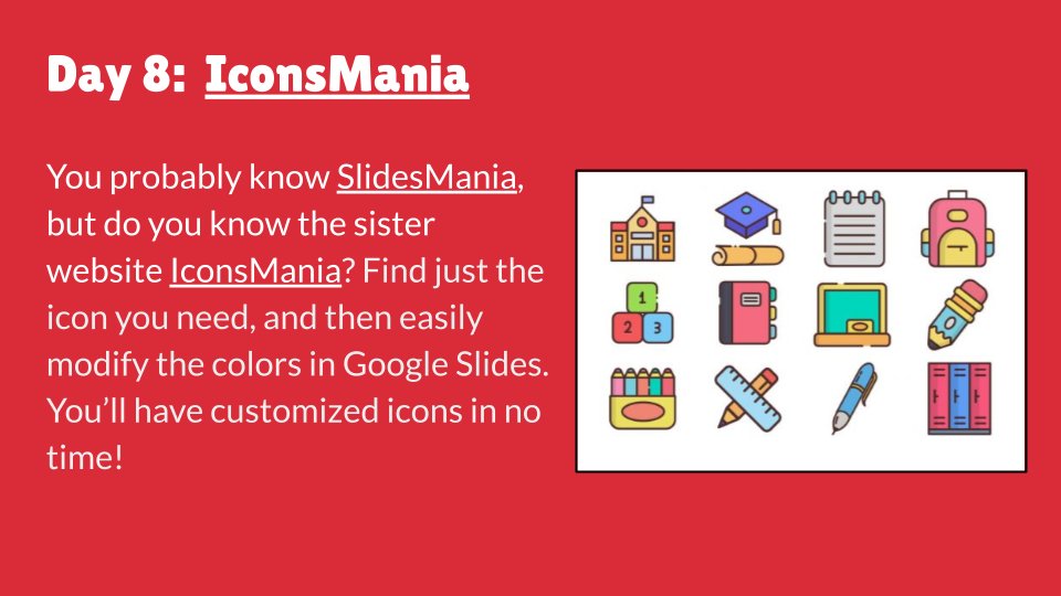 🎅❄️🎄 Happy Day 8 of Tech-mas! So many of us are HUGE fans of <a href="/SlidesManiaSM/">SlidesMania 💛</a>, but have you checked out the sister site, IconsMania? So many fun icons that you can customize with any color palette you desire. 😊
iconsmania.com
#techmas