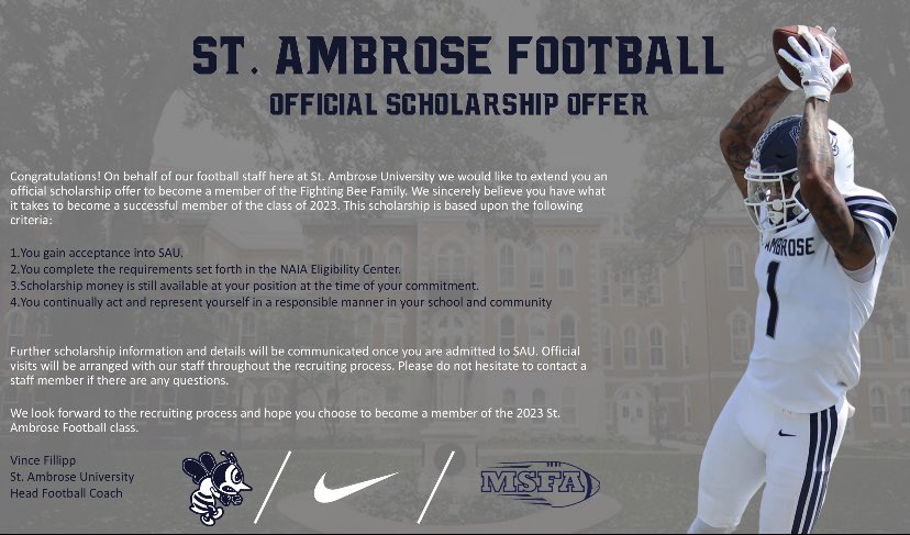 After a great call with Coach <a href="/FillippSAU/">Vince Fillipp</a> I’m proud to announce that I have received a scholarship offer from St. Ambrose University.
<a href="/PNTigerFootball/">Plainfield North Tiger Football</a> 
<a href="/EDGYTIM/">Timothy “EDGYTIM” OHalloran</a> 
<a href="/CoachBigPete/">Peter "Coach Big Pete" Leinweber</a> 
<a href="/PrepRedzoneIL/">Prep Redzone Illinois</a>