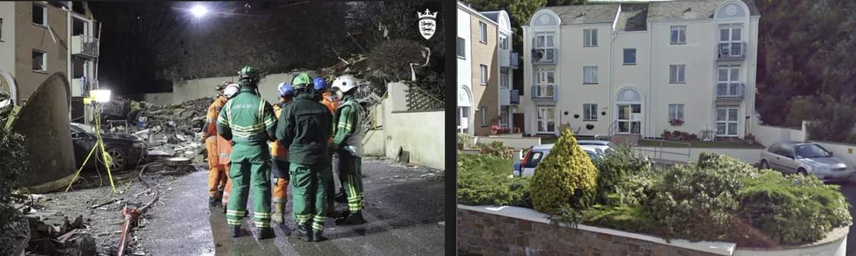 Dax79's tweet photo. To my friends who live off the island, thanks for messaging. The family and I are nowhere near this building.
To show how big the #explosion was, I took a #Google #streetview screenshot at the same (ish) angle and location as the photos in the news.
#jerseyexplosion
#SadNews https://t.co/pS4j14ZAZC