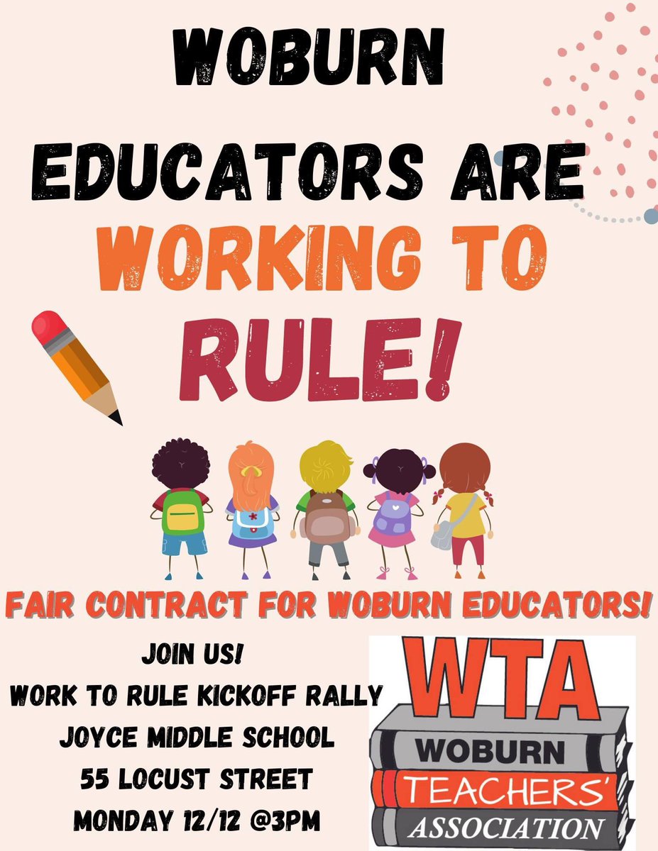 MaldenEduAssoc's tweet photo. 🧵

🚨ALL OUT TO WOBURN

📣Join the @WoburnTeachers tomorrow (December 12) at 3pm at Joyce Middle School to rally for a fair and just contract as they kick off their work to rule action. 
#1u #schoolsourstudentsdeserve 

1/3 https://t.co/oGp7YQYCFN