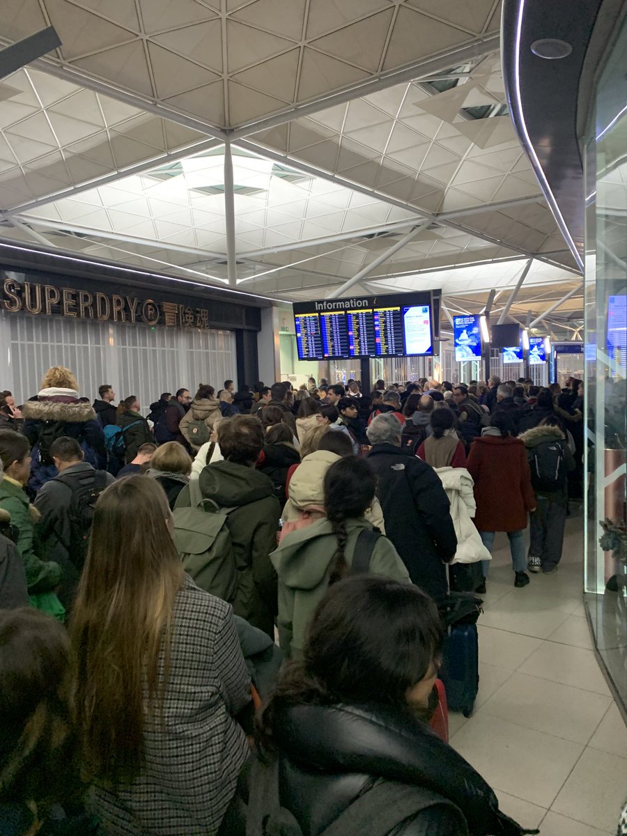 Stansted airport telling us all to assemble here. Told we can’t stay in the airport. Are they going to turf us out into the snow with no hotels?