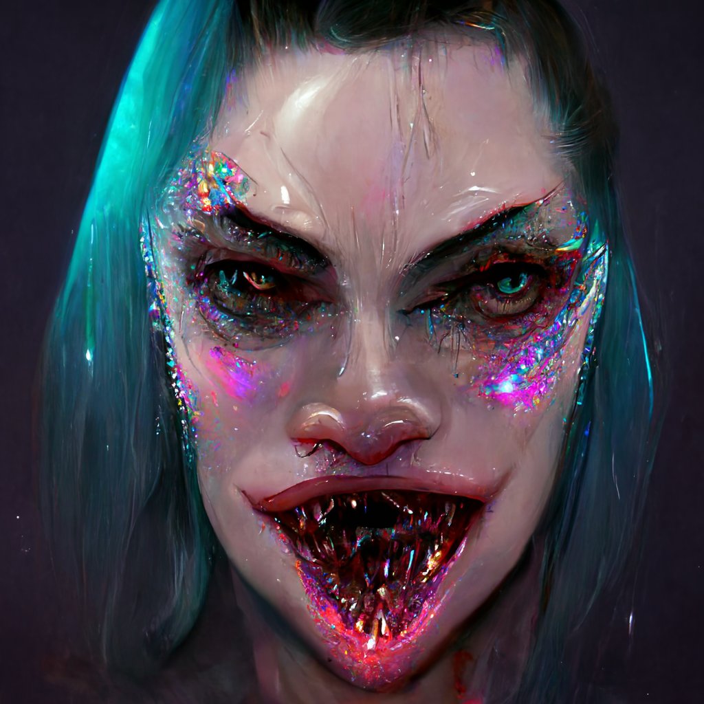 AutoLifehacker's tweet image. Every family&apos;s got one

Prompt: &quot;Crazy woman with smeared lipstick and iridescent crystal shark teeth&quot; #CrystalSharkGirl #MidJourney #AI #AIArt #GenerativeArt