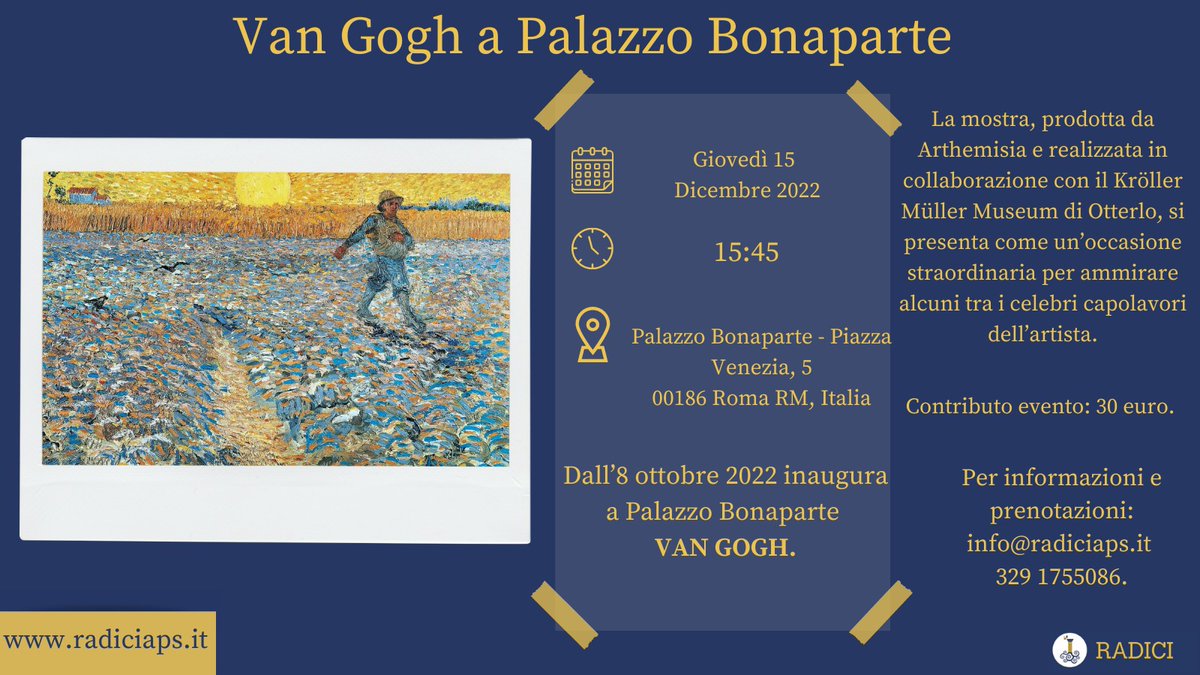 🖼️Il #15Dicembre vi ricordiamo che ci sarà la visita alla mostra di #vangogh a  #palazzobonaparte a Roma. Prenotatevi adesso per non perdervi questa esperienza al sito radiciaps.it!✨ #radiciaps #vangogh #roma #mostreroma #visite #esperienze #inclusione #accessibilità