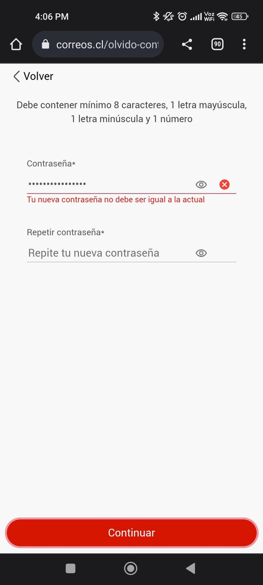 Nachini's tweet photo. @correoschile Buenos días, trato de ingresar con mi contraseña y dice que es incorrecta. Luego intento cambiar la contraseña y me dice q no puede ser igual a la actual. No me reconoce la primera contraseña, puede solucionar el problema? https://t.co/OFJujuhTVE