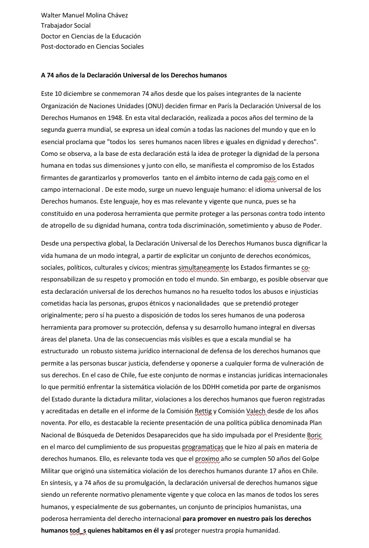 SocialMagallnes's tweet photo. A 74 años de la Declaración Universal de los Derechos Humanos por TS Walter Molina @udemagallanes https://t.co/ENj4qf4i9V
