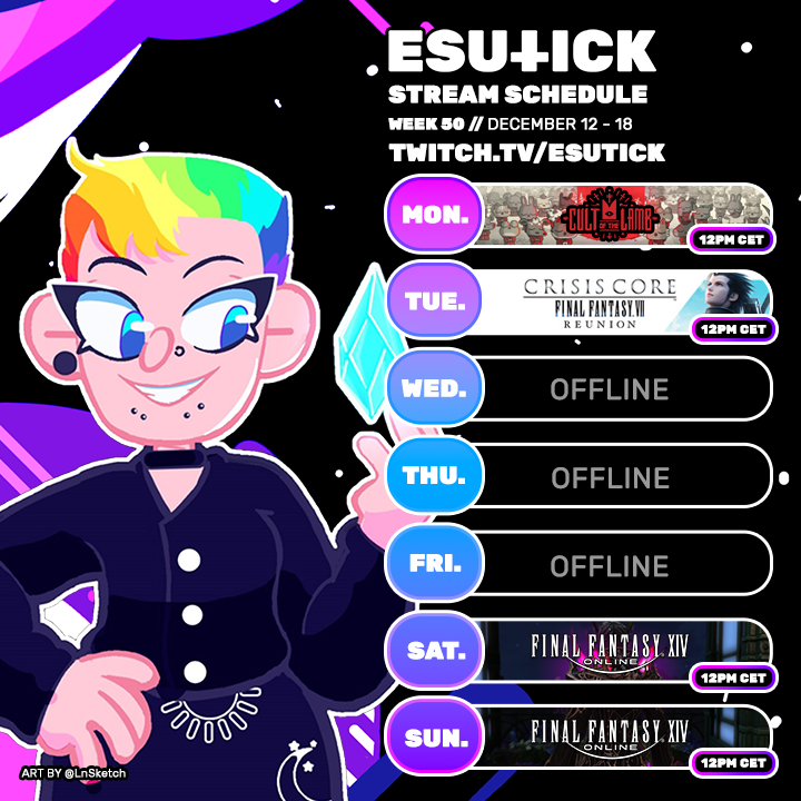 Schedule for upcoming week:
Finishing Cult of the Lamb right before we dive into the highest anticipated game of 2022! (for me) 

I can't believe it's only 2 more night until Crisis Core releases! 🤯
Can't wait to swoon over Sephiroth 🥵🥵

Make sure to 💙🔁