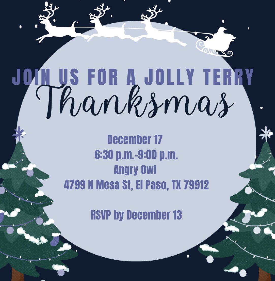 SWTerryAlumni's tweet image. Join the TSAA Southwest Chapter for a jolly good Thanksmas on Dec.17 at Angry Owl. RSVP is required so make sure to check your emails and sign up by Dec.13! 🎄🎁⭐️

We can’t wait to celebrate the holiday season with you!