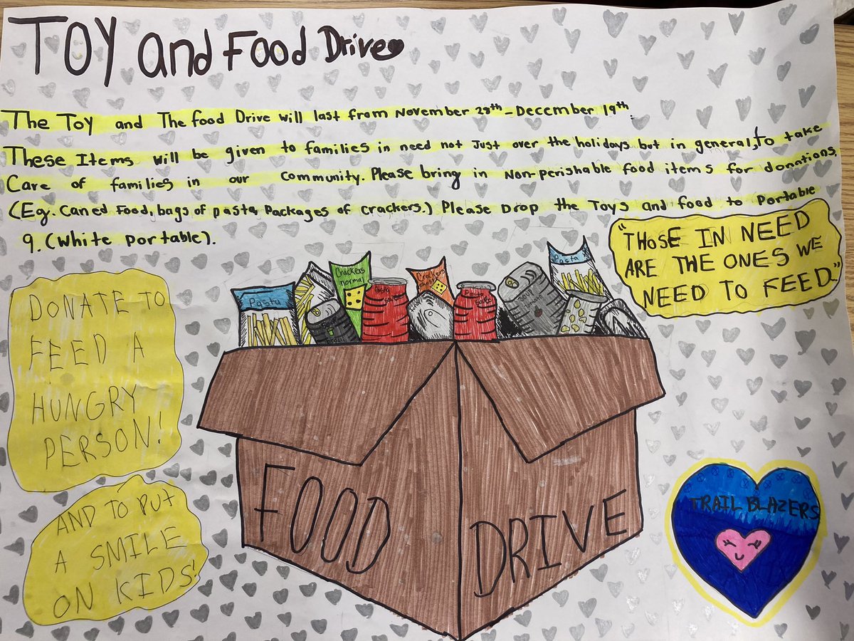 Hey <a href="/TribuneDrive/">Tribune Drive P.S.</a> Trailblazer families! This upcoming week is our last week for our food and toy drives. If you are able, please donate some nonperishable food items or even a brand new toy to help support a family in our community.  Thank you! ❤️