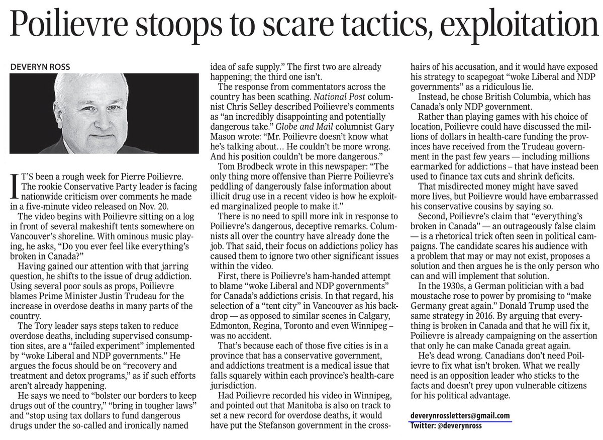 DougEyolfson's tweet photo. This is from a slightly right-leaning Winnipeg Free Press columnist.
Pierre Poilievre is using vulnerable people as props to defend dangerous right-wing ideology, while opposing programs that are shown to help these same people. This is beyond disgraceful. It is dangerous. https://t.co/0MnIPJZ15G